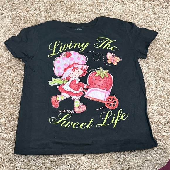Strawberry Shortcake Tops - Charming Black Tee with Strawberry Design